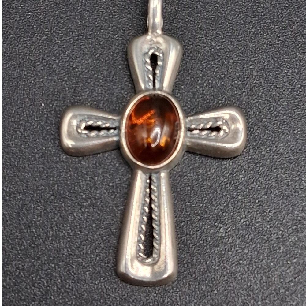 Baltic Amber Cross Pendant, Signed V8, Valerio, Sterling Silver, Classic